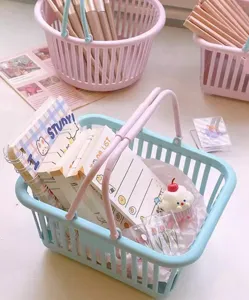 Cute plastic desktop storage basket mini shopping basket cute pastel stationery organizer