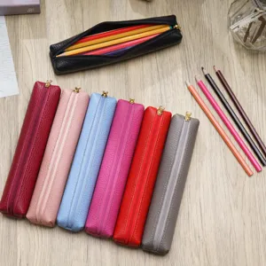 Astuccio Minimalista in Vera Pelle Piccolo Mini Borsa di Cancelleria Portatile Colore Caramella Pochette Portapenne con Cerniera per Studenti