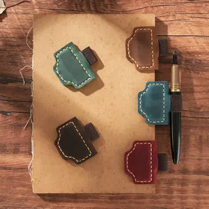 Genuine leather magnetic pen clip vintage crazy horse bookmark holder for notebook journal.