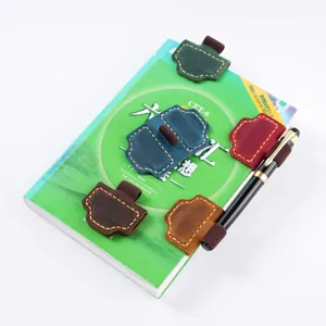 Genuine leather magnetic pen clip vintage bookmark holder office school stationery supplies.