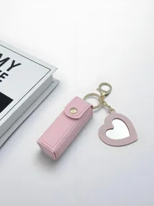 Pink leather lipstick case with heart mirror keychain, portable cosmetic storage pouch