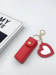 Red leather lipstick case keychain with heart mirror portable cosmetic storage bag charm