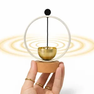 Cloche de Meditation Zen Ornement de Bureau Base en Bois Anneau en Metal Carillon de Guerison Yoga Relaxation Decoration Interieure
