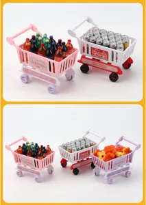 Miniature shopping cart toy set with tiny bottles and snacks for kids play pretend fun.