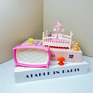 Miniature baby crib dollhouse furniture toy pink cradle bed details and cute animal figurines set.
