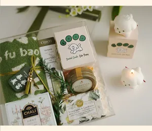 Handmade cute puppy scented candle gift box set with towel hand cream tea and soap