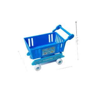 Mini toy shopping cart for kids pretend play, cute blue supermarket cart for children games.