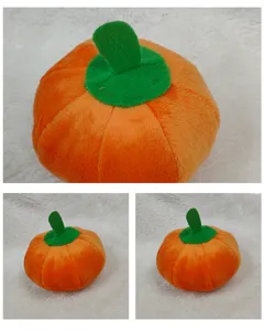Plush pumpkin pet toy detail view, crystal super soft fabric, orange cute design.