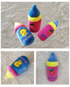 Plush squeak baby bottle pet toy detail shot showing soft crystal plush fabric texture.