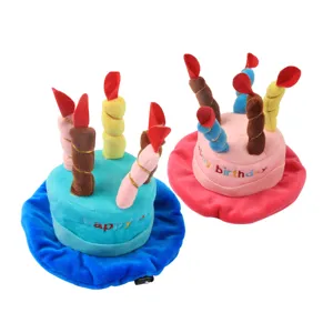 Plush pet birthday cake hat with colorful candles, cute dog and cat party costume headwear.
