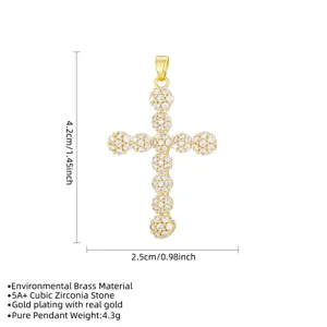 Detailed view of cubic zirconia gold plated cross pendant with dimensions and specifications