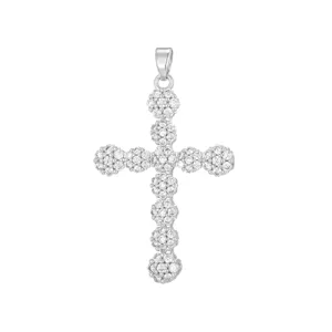 Detailed view of a silver-toned cross pendant encrusted with sparkling cubic zirconia.