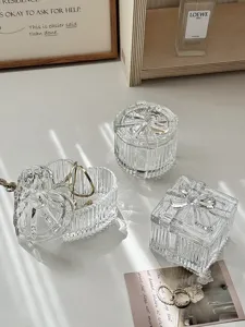 Transparente Glas Schmuckdose mit Schleifendeckel, Kristall Organizer für Tisch und Deko