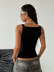 Women summer casual black ribbed tank top square neck basic streetwear fashion crop top