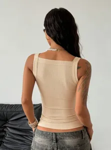 Back view detail of women solid ribbed tank top, casual square collar sleeveless knitwear.