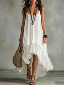 Robe nuisette unie bohème, robe de vacances plage décolleté U ourlet asymétrique femme.