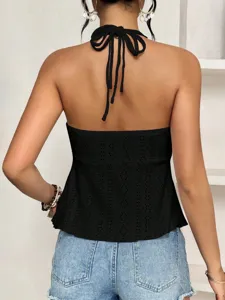 Black halter top for women, backless eyelet lace-up sleeveless summer tank top detail.