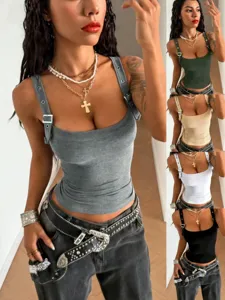 Women's Streetwear Ribbed Knit Tank Top Adjustable Straps Square Neck Slim Fit Sleeveless Cami Top Summer Fashion Sexy Vest