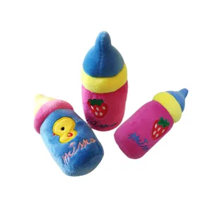 Plush pet dog chew toy squeaky baby bottle shaped soft plush toy for puppy teething play
