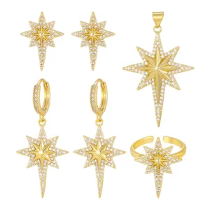 Starburst North Star Pendant Necklace Stud Earrings Open Ring For Women Gold Silver Plated Copper Zirconia Inlaid Fashion Jewelry Collection