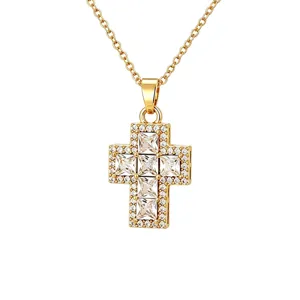 Collana con Ciondolo a Croce in Rame e Zirconia Oro Argento Placcato Zirconia Quadrata Gioielli di Moda Catena in Acciaio Inossidabile per Donna