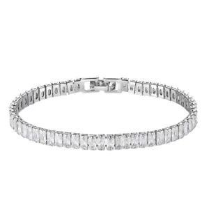 Elegant silver tennis bracelet with AAA rectangular zircons, minimalist fashion jewelry for women