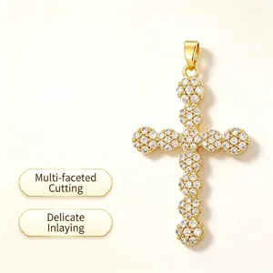 Brass Gold Plated Zirconia Cross Pendant Floral Inlaid Religious Charm For Necklace DIY Jewelry Accessories For Women Men