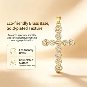 Exquisite gold-plated brass cross pendant featuring sparkling white cubic zircons