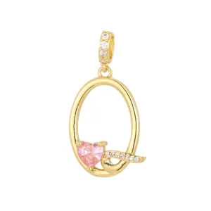 Πολυτελές χρυσό οβάλ μενταγιόν με ροζ καρδιά πολύτιμο λίθο και λαμπερές λεπτομέρειες