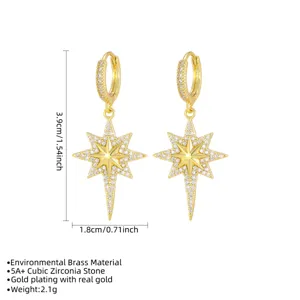 Detailed view of gold starburst earrings showing 3.9cm height and CZ material specs.