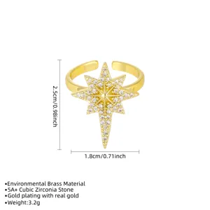 Detailed view of gold starburst ring with dimensions and material specifications.