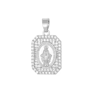 Detailed silver plated Virgin Mary square pendant with sparkling micro-set cubic zirconia