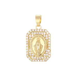 Close-up detail of 18K gold plated Virgin Mary rectangular pendant with zirconia