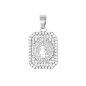 Detailed view of silver-tone Virgin Mary rectangular pendant with micro-pave cubic zirconia