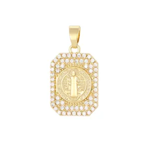 Detailed macro view of gold-plated square medallion pendant with micro-set zircons