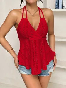 Women red halter eyelet camisole top sexy hollow out tie back summer casual vest for women fashion