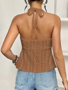 Women stylish brown halter eyelet embroidery backless camisole casual summer strap vest
