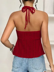 Red halter neck hollow out backless cami top for women, stylish summer sleeveless streetwear.