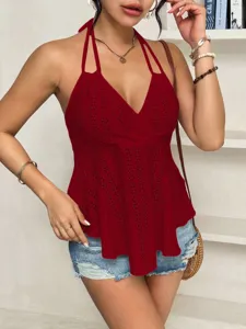 Women's Red Halter Neck Eyelet Cami Top Summer Sexy Sleeveless Backless Boho Tank Top