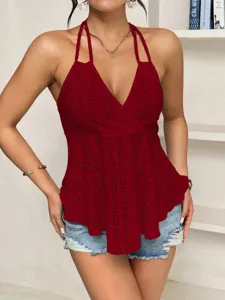 Chic dark red halter top for women featuring delicate eyelet embroidery and a flattering fit.