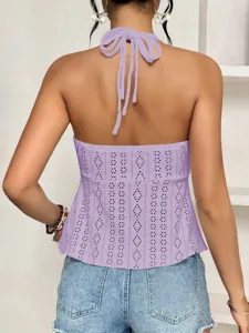 Women summer purple halter backless top with delicate eyelet embroidery and stylish tie detail.