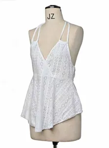 Women white halter eyelet camisole top, sleeveless summer backless lace up boho shirt.