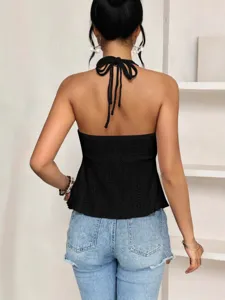 Women black halter top backless hollow out crop top casual summer sleeveless streetwear