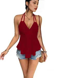 Red halter eyelet camisole top for women, chic cutout sleeveless summer streetwear fashion.