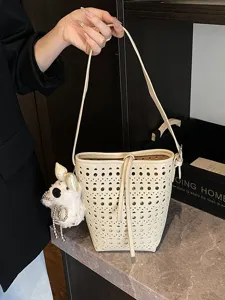 Damen Sommer Laser Ausschnitt Eimertasche PU Leder Geometrische Punkte Umhängetasche Mit Plüschanhänger Tasche-in-Tasche