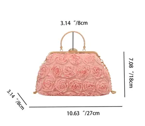 Detailed dimensions of pink rose flower evening clutch bag, 27cm by 18cm size info