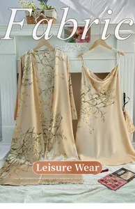 Elegant champagne faux silk pajama set featuring a floral cherry print robe and dress