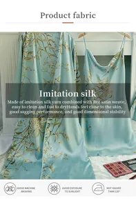 Detailed view of floral imitation silk pajama fabric with care instructions and icons