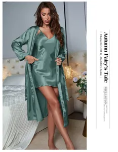 Elegant sage green satin nightgown and long-sleeved robe set for women's sleepwear
