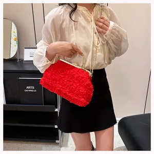 Elegant red 3D floral evening clutch bag with rhinestone clasp and gold chain
